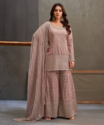Mauve zari & thread embroidered viscose kurta plazzo dupatta set for women 2