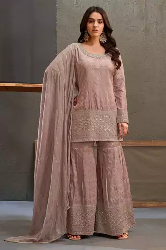 Mauve zari & thread embroidered viscose kurta plazzo dupatta set for women