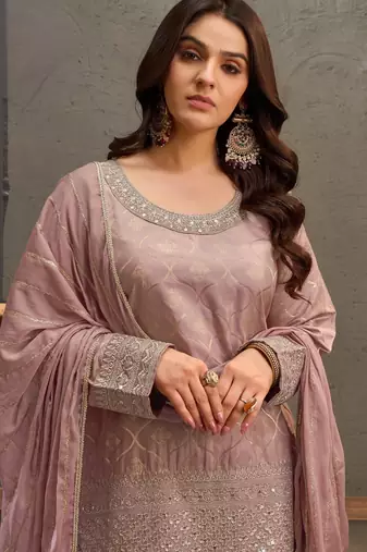 Mauve zari & thread embroidered viscose kurta plazzo dupatta set for women