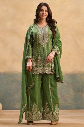 Green zari & thread embroidered viscose kurta plazzo dupatta set for women