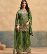 Green zari & thread embroidered viscose kurta plazzo dupatta set for women