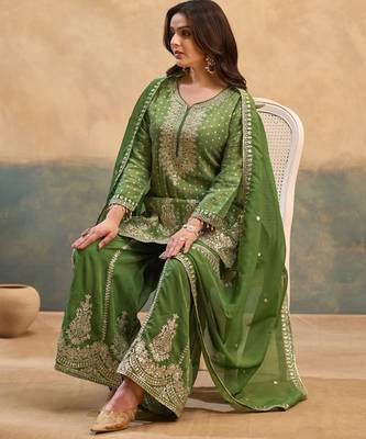 Green zari & thread embroidered viscose kurta plazzo dupatta set for women 4