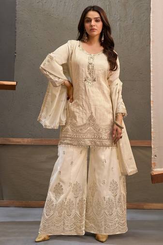 White zari & thread embroidered viscose kurta plazzo dupatta set for women