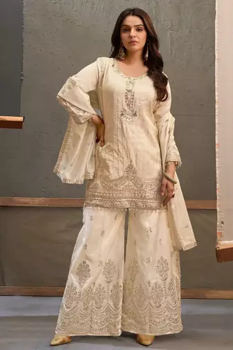 White zari & thread embroidered viscose kurta plazzo dupatta set for women