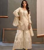 White zari & thread embroidered viscose kurta plazzo dupatta set for women