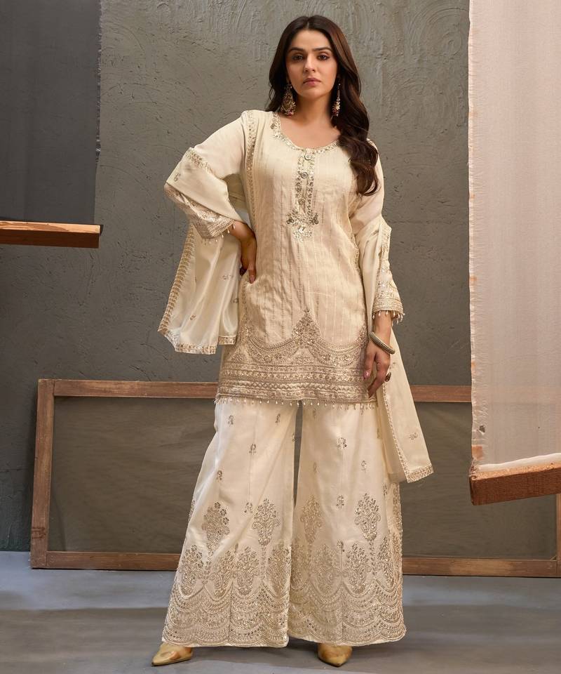 White zari & thread embroidered viscose kurta plazzo dupatta set for women