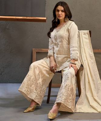 White zari & thread embroidered viscose kurta plazzo dupatta set for women 2
