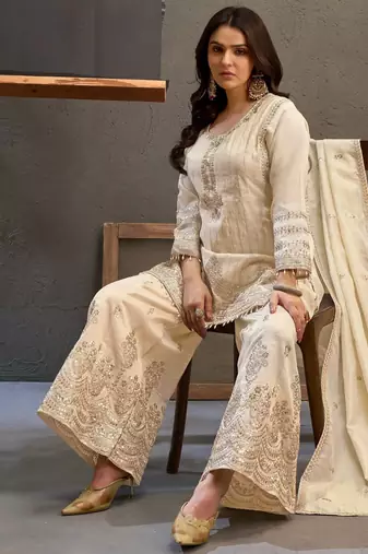 White zari & thread embroidered viscose kurta plazzo dupatta set for women