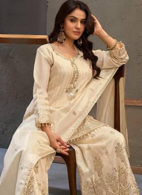 White zari & thread embroidered viscose kurta plazzo dupatta set for women 3