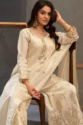 White zari & thread embroidered viscose kurta plazzo dupatta set for women