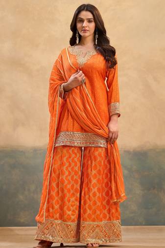 Orange zari & thread embroidered viscose kurta plazzo dupatta set for women