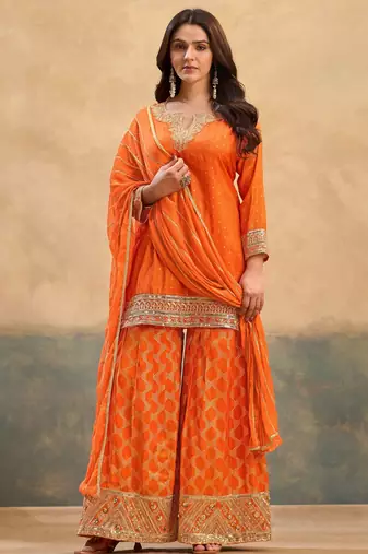 Orange zari & thread embroidered viscose kurta plazzo dupatta set for women