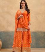 Orange zari & thread embroidered viscose kurta plazzo dupatta set for women