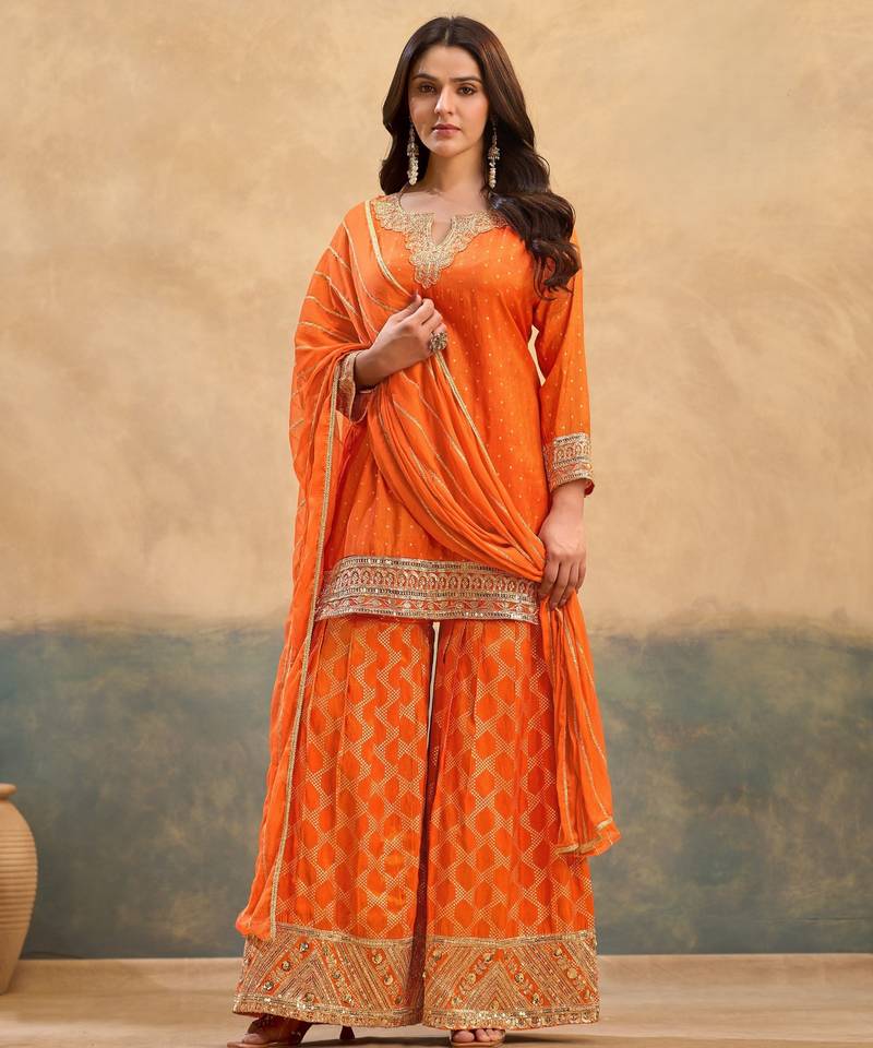 Orange zari & thread embroidered viscose kurta plazzo dupatta set for women