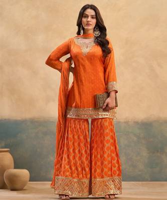 Orange zari & thread embroidered viscose kurta plazzo dupatta set for women 2