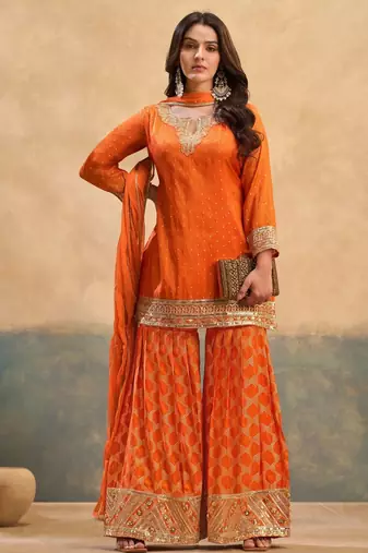 Orange zari & thread embroidered viscose kurta plazzo dupatta set for women