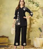 Black floral embroidered rayon co-ord set for women