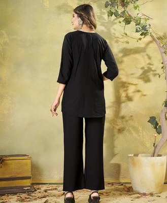 Black floral embroidered rayon co-ord set for women 2