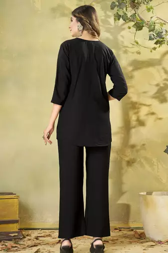 Black floral embroidered rayon co-ord set for women