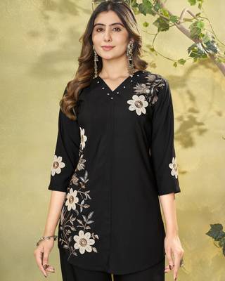 Black floral embroidered rayon co-ord set for women 3