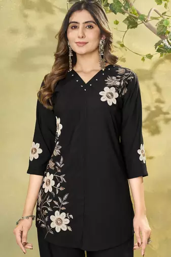 Black floral embroidered rayon co-ord set for women