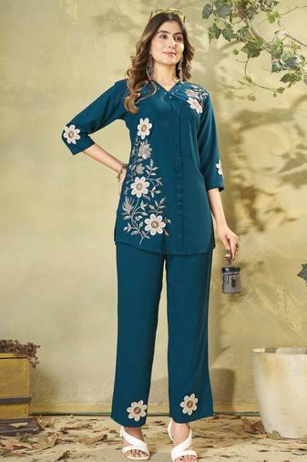 Blue floral embroidered rayon co-ord set for women