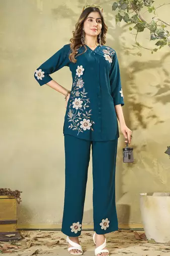 Blue floral embroidered rayon co-ord set for women