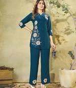 Blue floral embroidered rayon co-ord set for women
