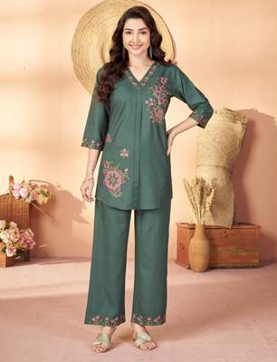 Green floral embroidered rayon co-ord set for women 1