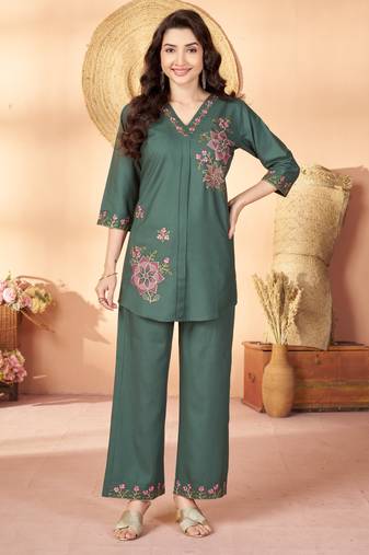 Green floral embroidered rayon co-ord set for women