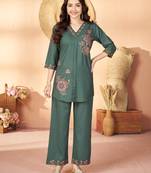 Green floral embroidered rayon co-ord set for women