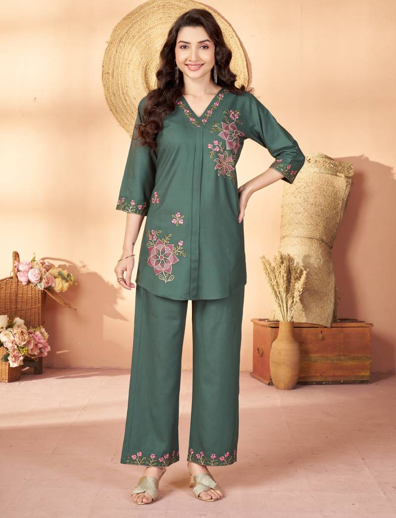 Green floral embroidered rayon co-ord set for women