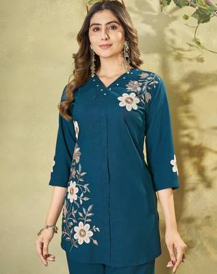 Blue floral embroidered rayon co-ord set for women 3