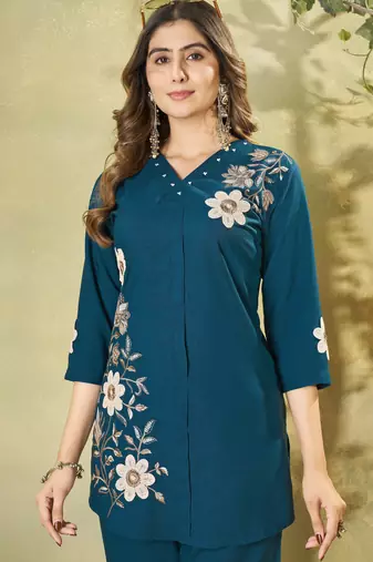 Blue floral embroidered rayon co-ord set for women