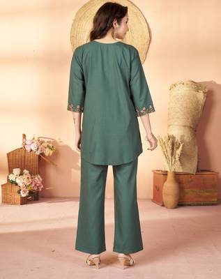 Green floral embroidered rayon co-ord set for women 2
