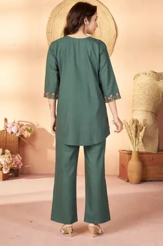 Green floral embroidered rayon co-ord set for women