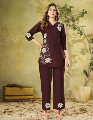Wine floral embroidered rayon co-ord set for women 1
