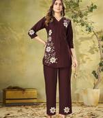 Wine floral embroidered rayon co-ord set for women