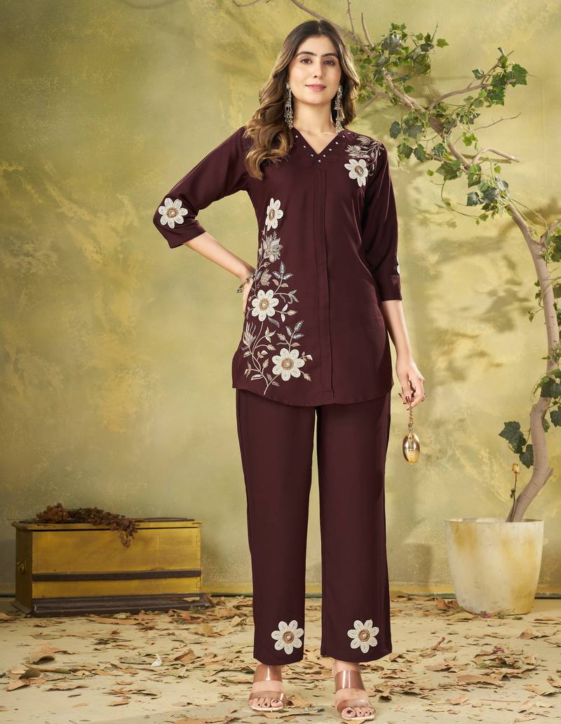 Wine floral embroidered rayon co-ord set for women