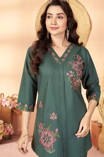 Green floral embroidered rayon co-ord set for women