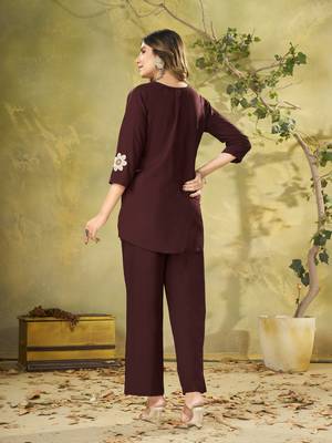 Wine floral embroidered rayon co-ord set for women 2