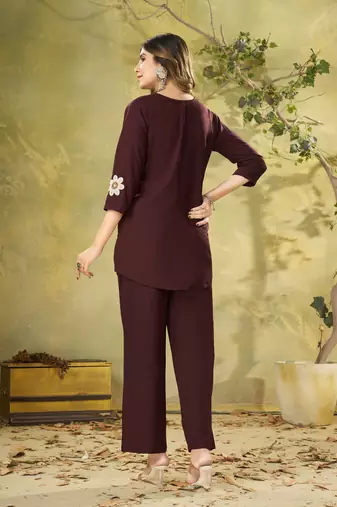 Wine floral embroidered rayon co-ord set for women