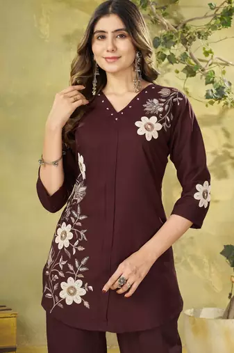 Wine floral embroidered rayon co-ord set for women