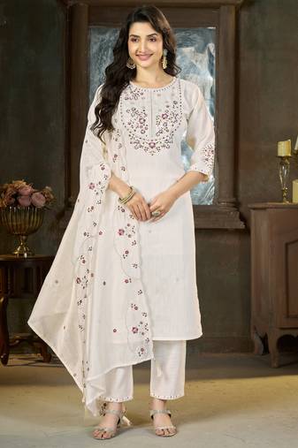 White floral embroidered silk kurti pent dupatta set for women