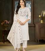 White floral embroidered silk kurti pent dupatta set for women