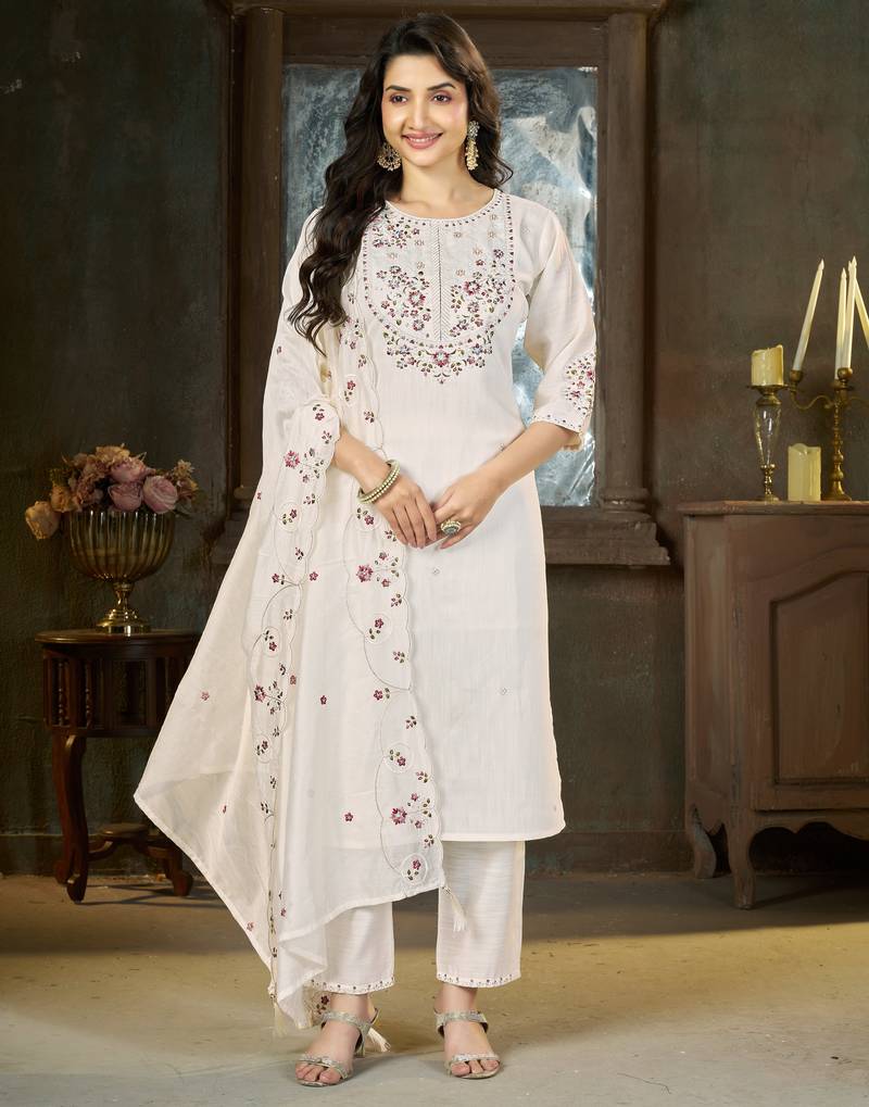 White floral embroidered silk kurti pent dupatta set for women