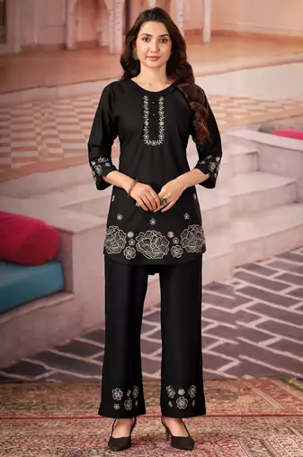 Black floral embroidered rayon co-ord set for women