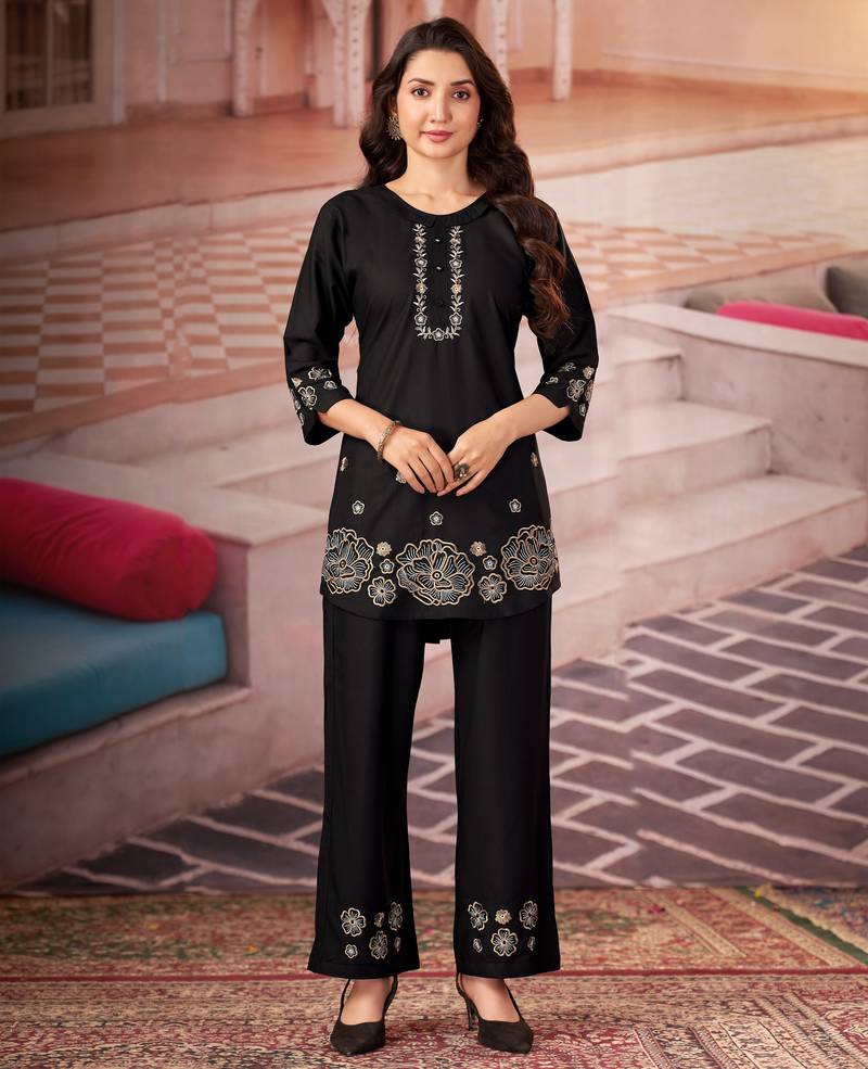 Black floral embroidered rayon co-ord set for women