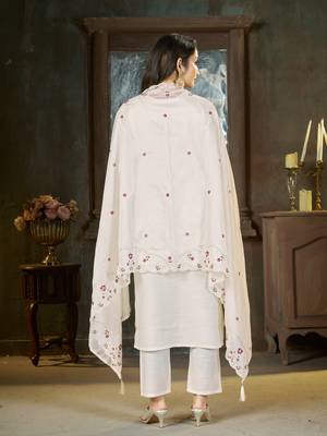 White floral embroidered silk kurti pent dupatta set for women 2