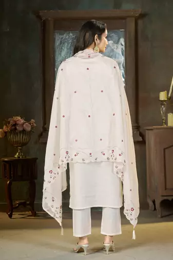 White floral embroidered silk kurti pent dupatta set for women